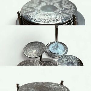 Silver Floral-Engraved Metal Coaster Set